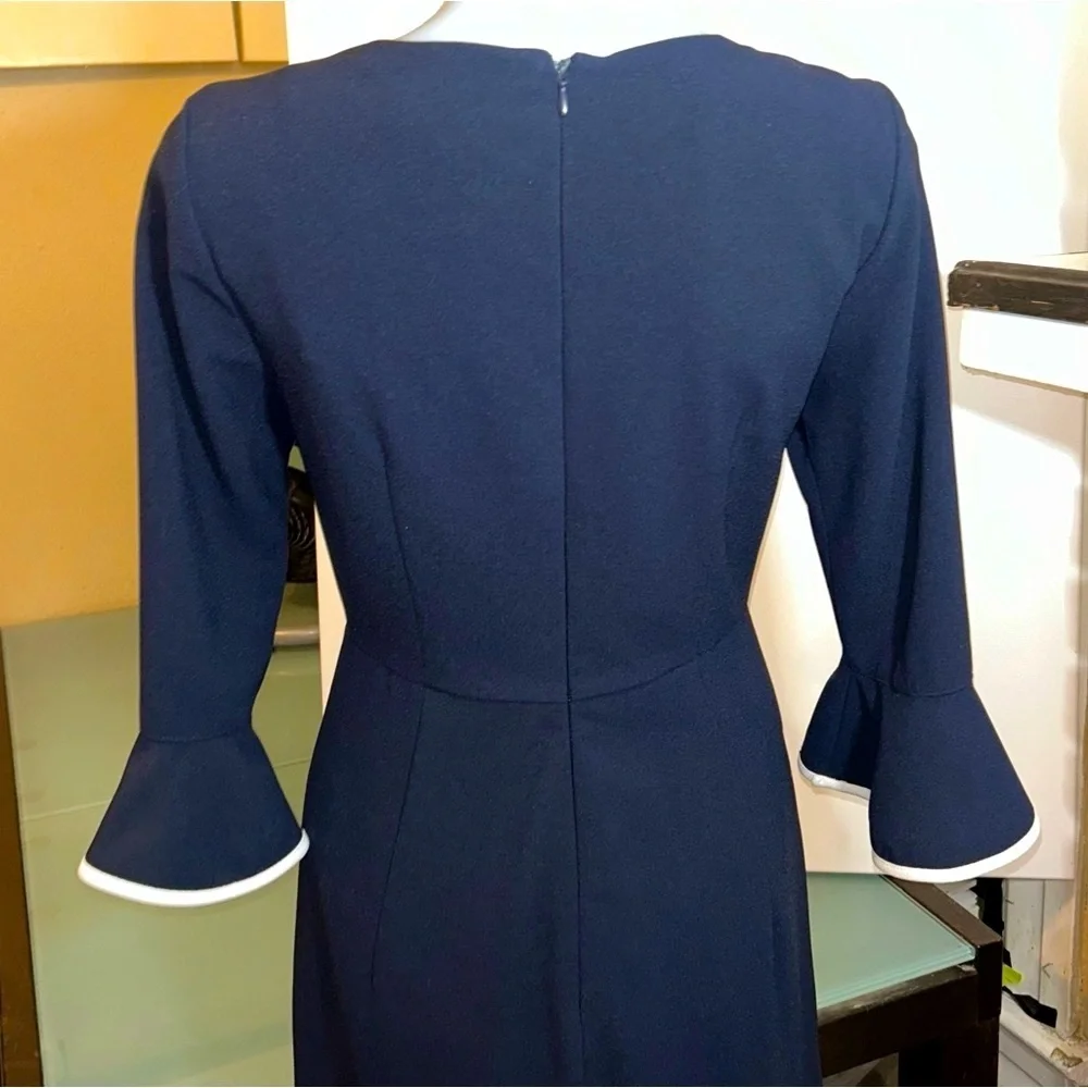 Nanette Lepore Navy Blue White Ruffle Midi Dress Long Sleeve Size 4